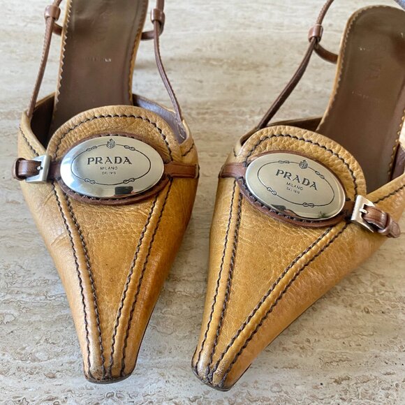 Vintage Prada Silver Logo Slingback Kitten Heels - Picture 6 of 8